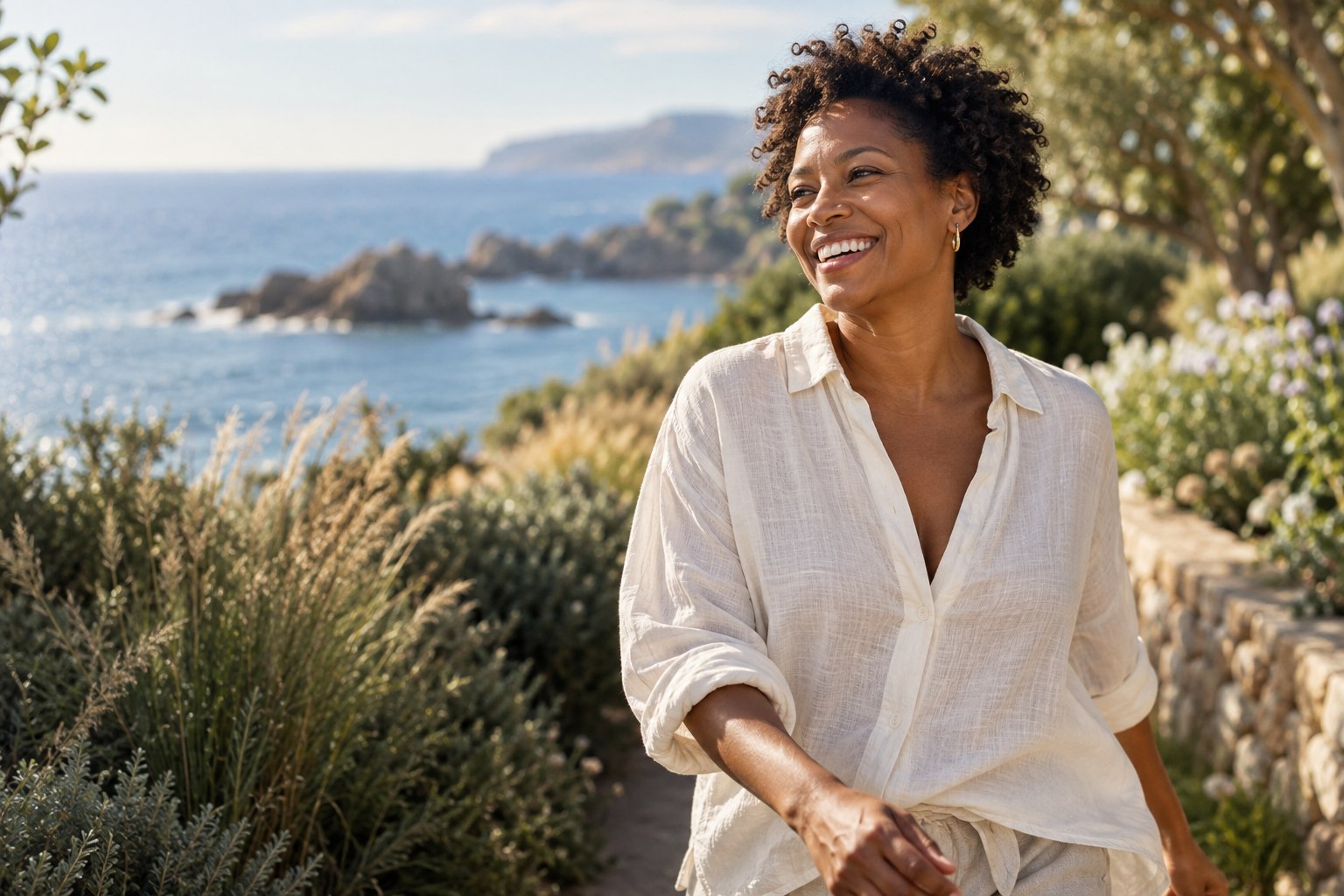 Woman walking through a sunlit coastal garden