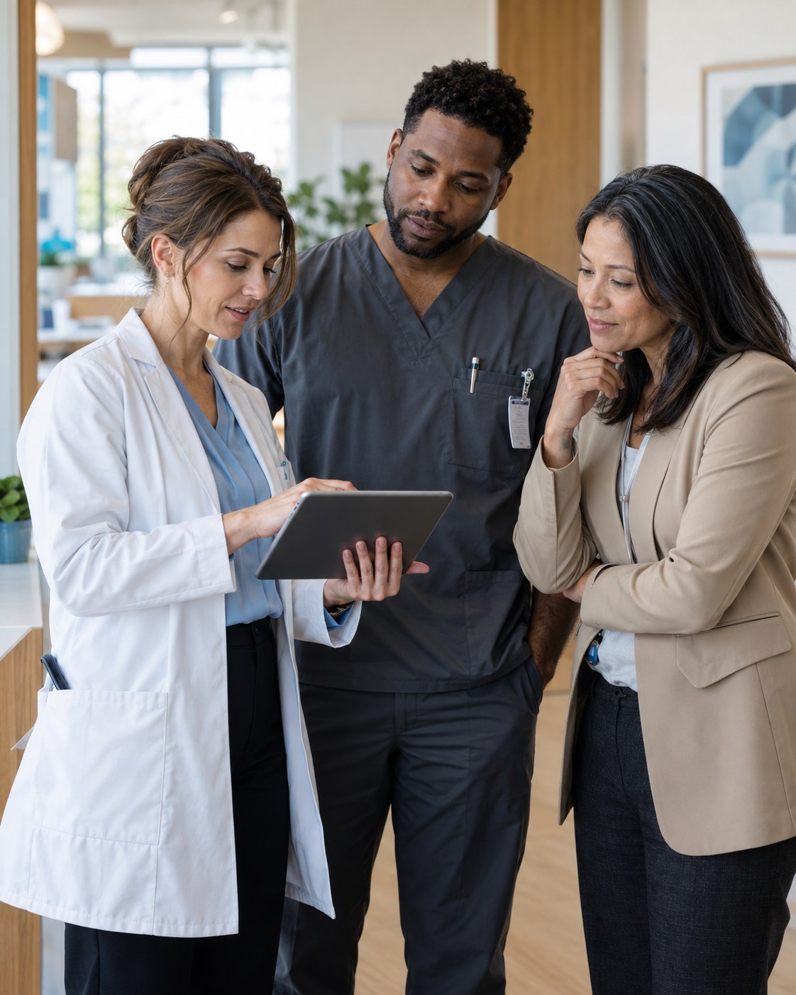 Healthcare colleagues reviewing a tablet