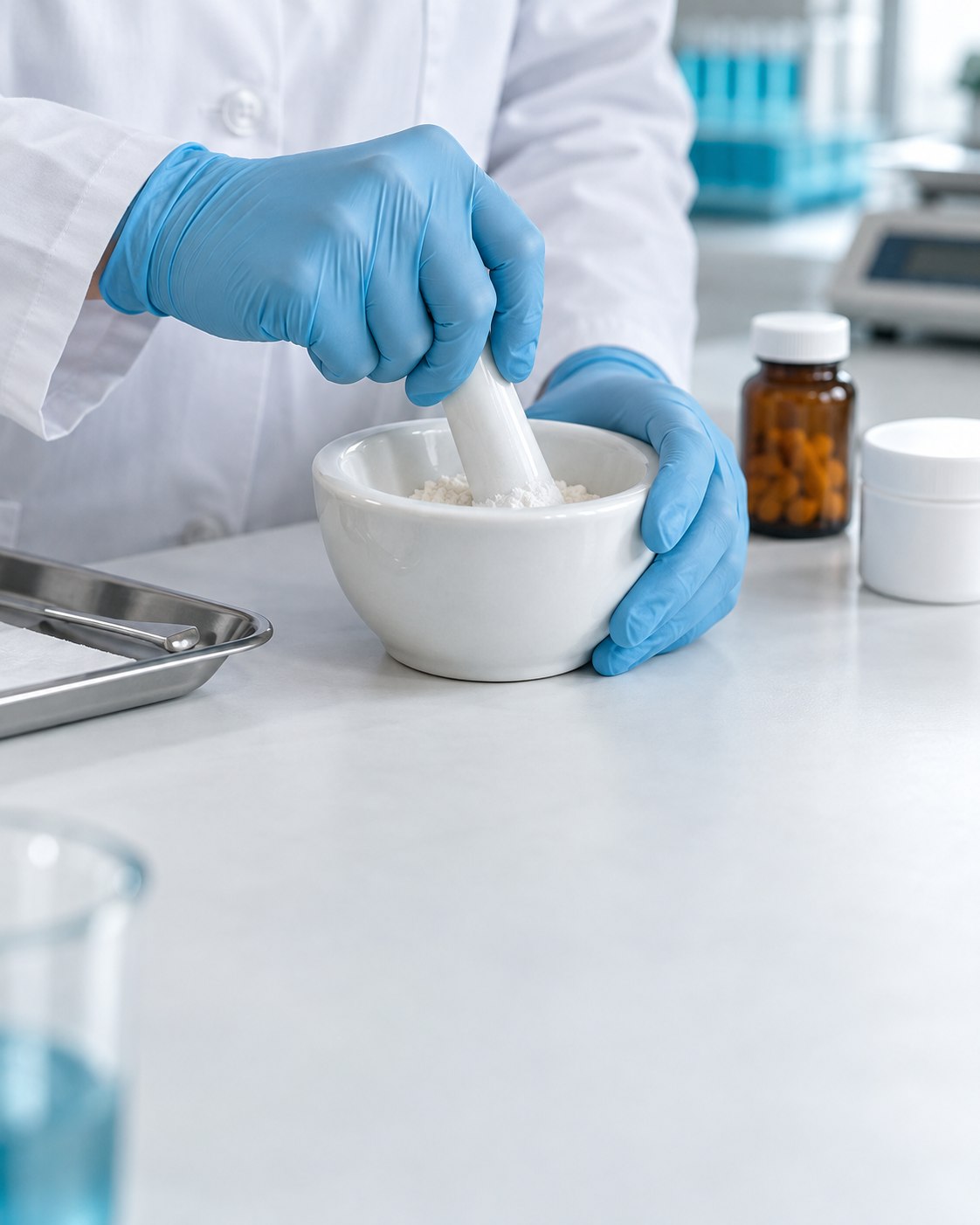 Gloved pharmacist hands at a compounding workbench