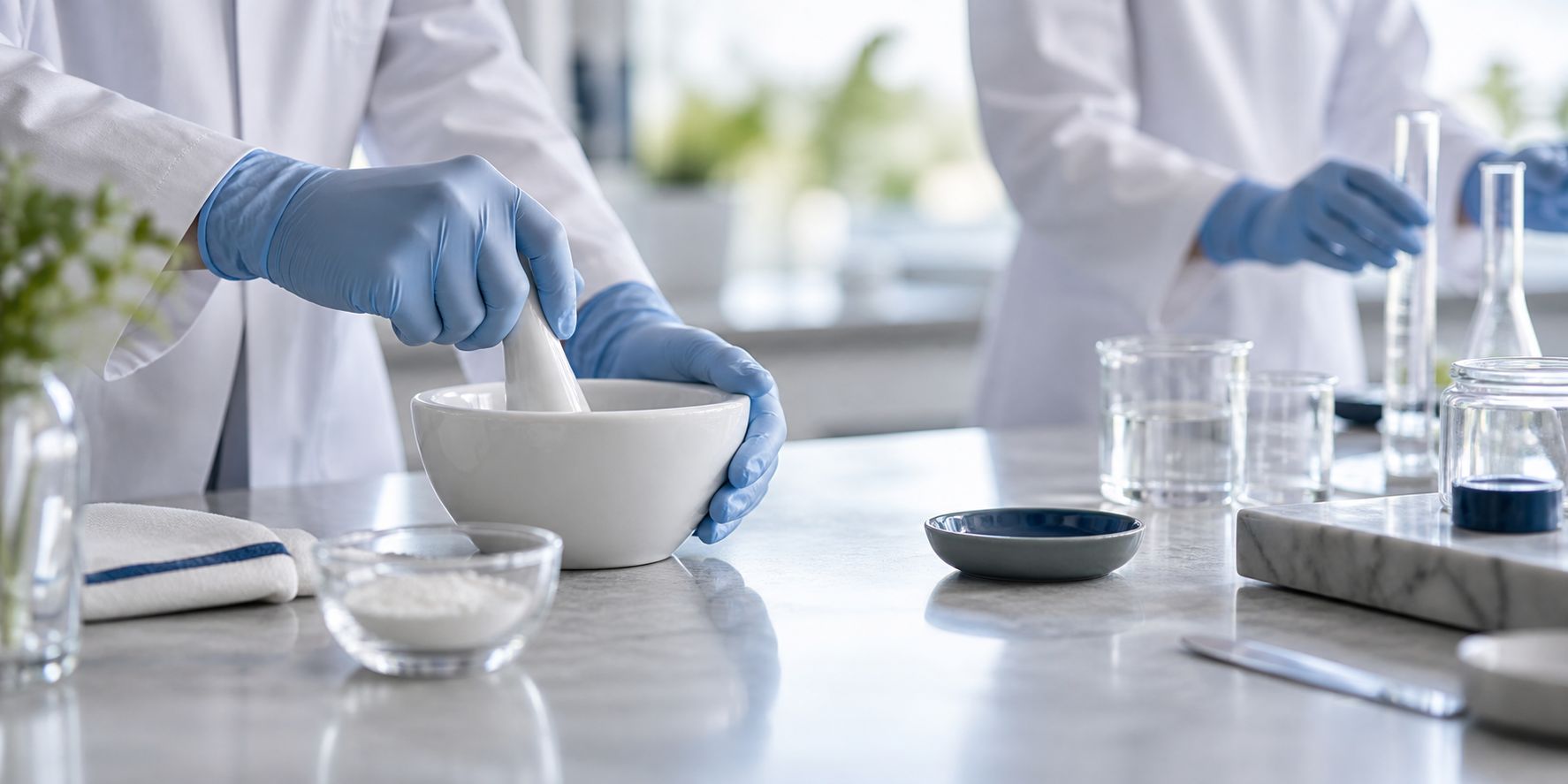 Illustrative compounding scene with gloved hands using a mortar, pestle, and glass utensils