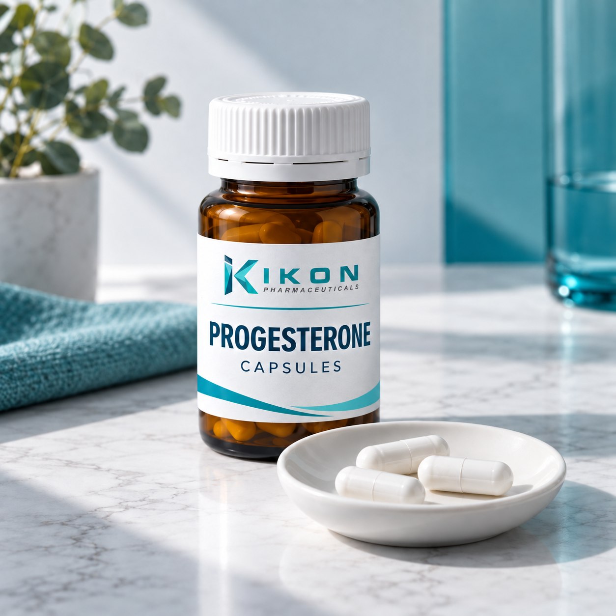 IKON Progesterone Capsules branded bottle concept with capsules