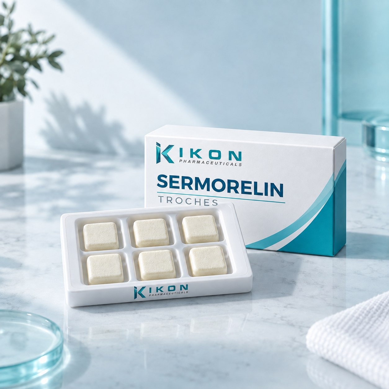 IKON Sermorelin Troches branded box and tray concept