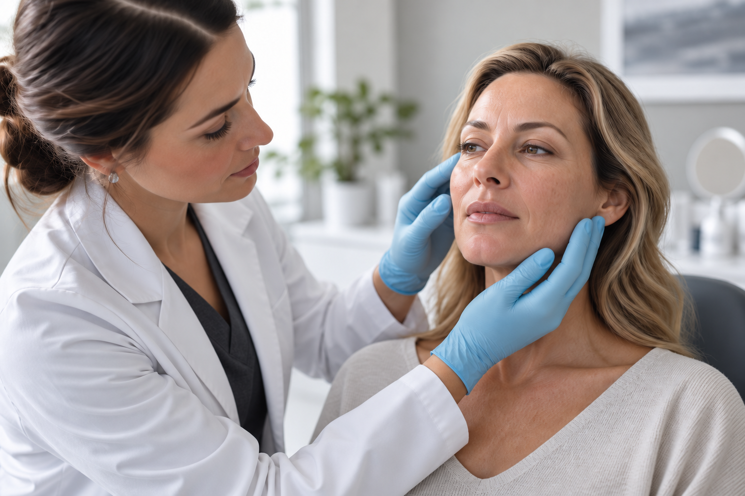 Clinician examining an adult patient's skin