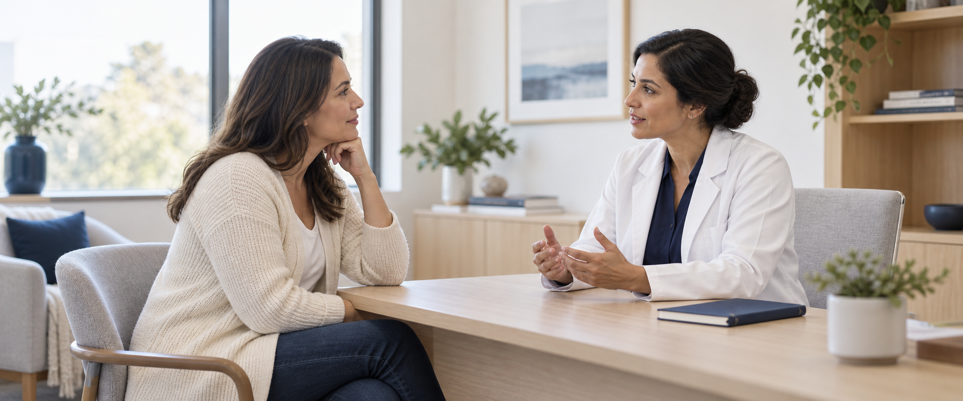 Illustrative patient and clinician having a conversation in a bright consultation room