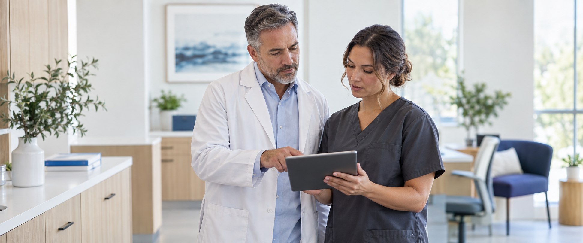 Pharmacy professionals reviewing information together