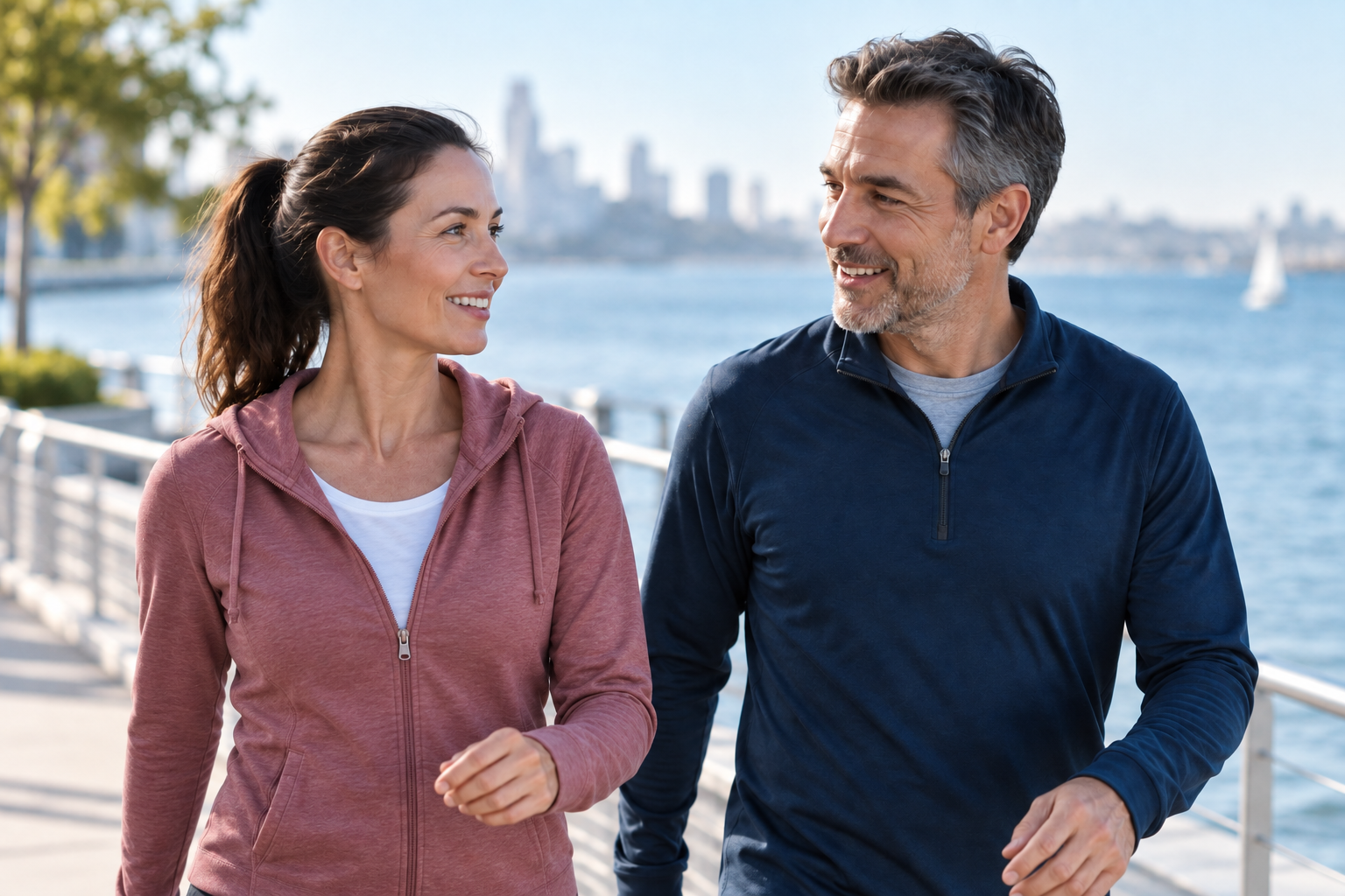 Two adults walking and talking outdoors
