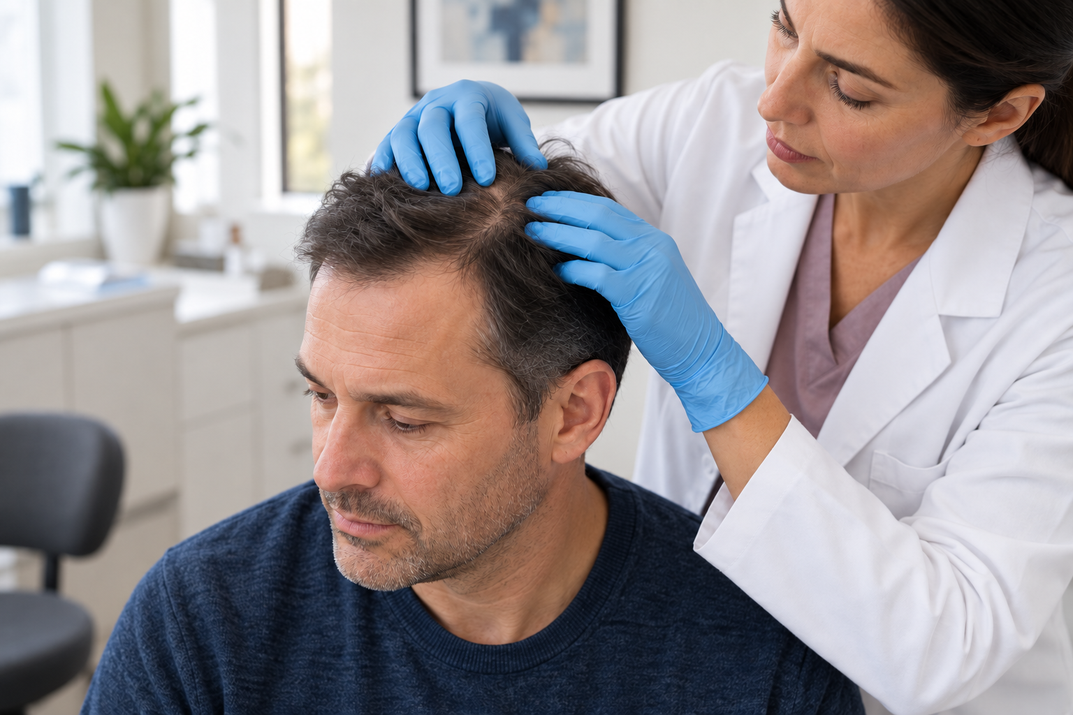 Clinician examining a patient's scalp