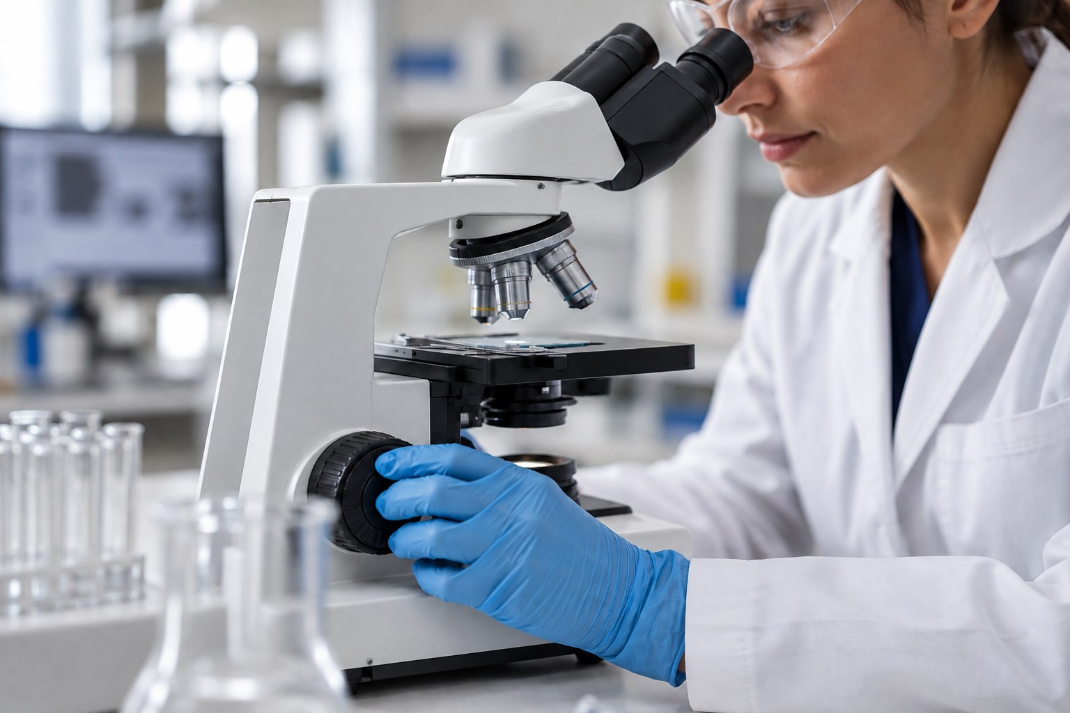 Laboratory scientist working at a microscope