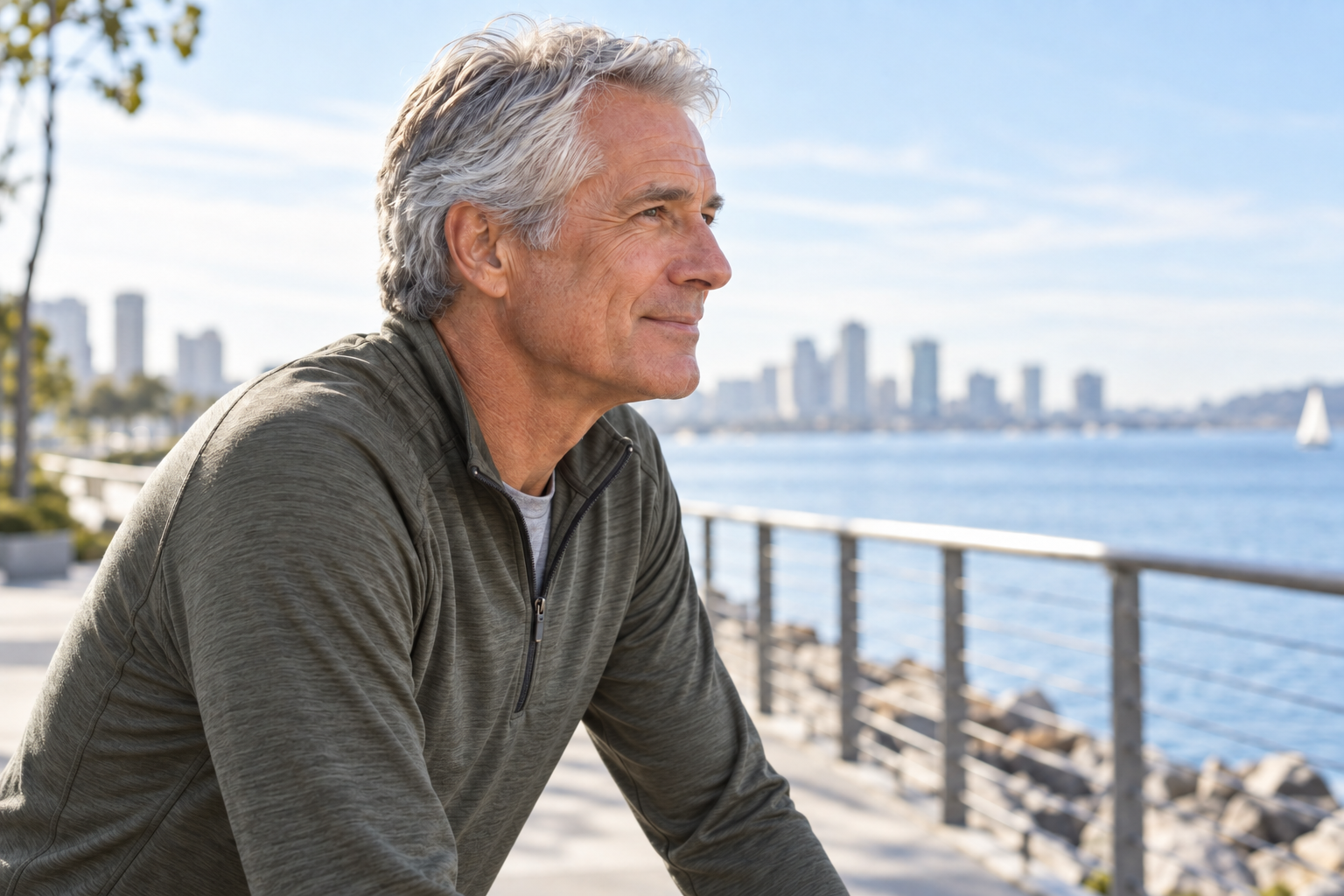 Older adult outdoors beside a waterfront walking path